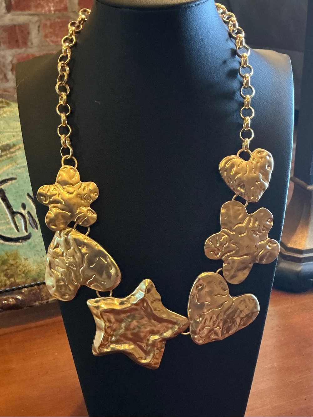 Gold-Tone Hammered Heart, Star & Flower Statement Necklace